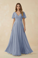 Flutter Sleeve V - Neck Chiffon A - Line Bridesmaid Dress in Twilight - SHE IS ME Bridesmaid Dresses