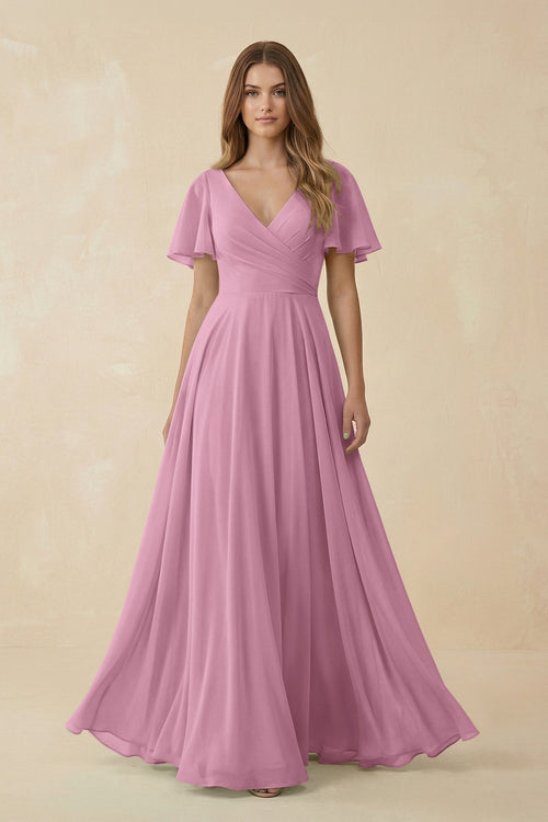 Flutter Sleeve V - Neck Chiffon A - Line Bridesmaid Dress in Vintage Mauve - SHE IS ME Bridesmaid Dresses