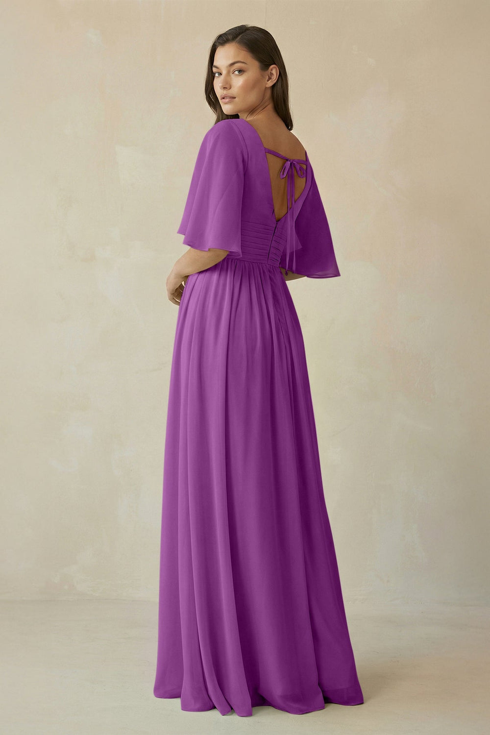 Half Sleeve V - Neck A - Line Chiffon Bridesmaid Gown in Amethyst - SHE IS ME Bridesmaid Dresses