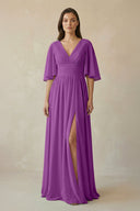 Half Sleeve V - Neck A - Line Chiffon Bridesmaid Gown in Amethyst - SHE IS ME Bridesmaid Dresses