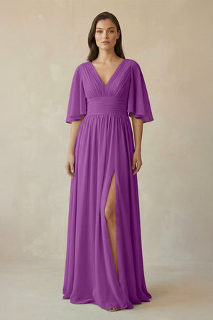 Half Sleeve V - Neck A - Line Chiffon Bridesmaid Gown in Amethyst - SHE IS ME Bridesmaid Dresses