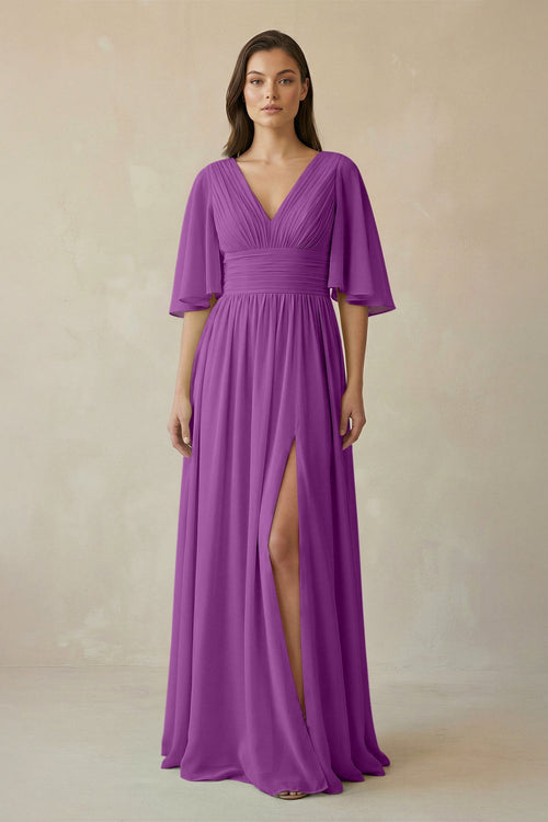Half Sleeve V - Neck A - Line Chiffon Bridesmaid Gown in Amethyst - SHE IS ME Bridesmaid Dresses