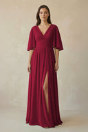 Half Sleeve V - Neck A - Line Chiffon Bridesmaid Gown in Berry - SHE IS ME Bridesmaid Dresses