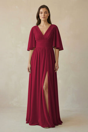 Half Sleeve V - Neck A - Line Chiffon Bridesmaid Gown in Berry - SHE IS ME Bridesmaid Dresses