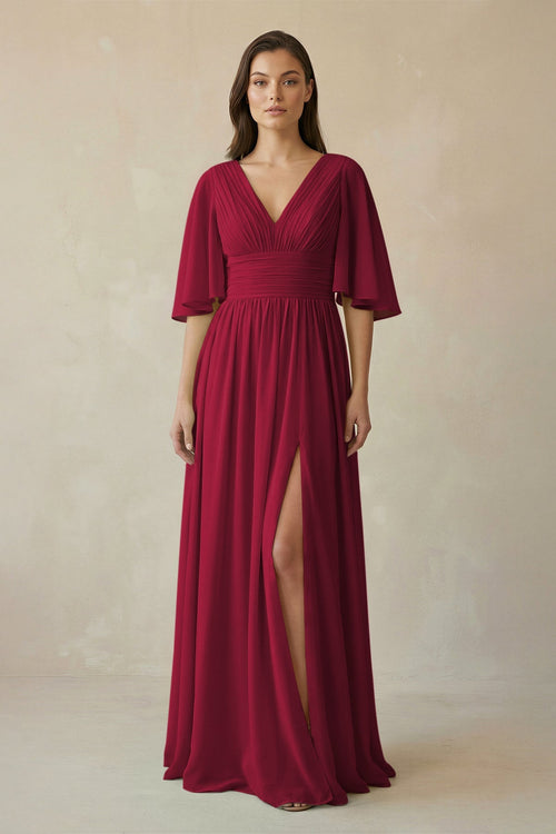 Half Sleeve V - Neck A - Line Chiffon Bridesmaid Gown in Berry - SHE IS ME Bridesmaid Dresses
