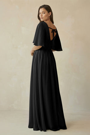 Half Sleeve V - Neck A - Line Chiffon Bridesmaid Gown in Black - SHE IS ME Bridesmaid Dresses