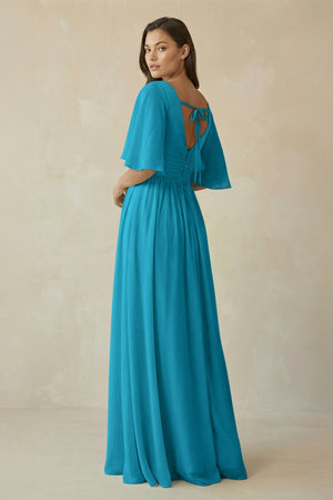 Half Sleeve V - Neck A - Line Chiffon Bridesmaid Gown in Blue Jay - SHE IS ME Bridesmaid Dresses