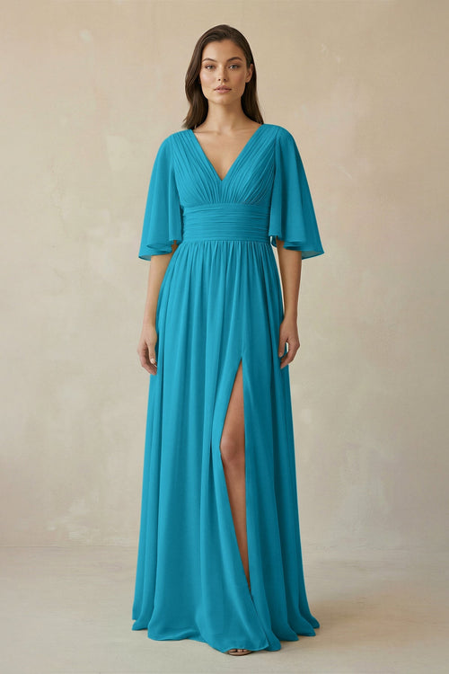 Half Sleeve V - Neck A - Line Chiffon Bridesmaid Gown in Blue Jay - SHE IS ME Bridesmaid Dresses