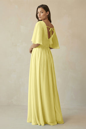 Half Sleeve V - Neck A - Line Chiffon Bridesmaid Gown in Buttercup - SHE IS ME Bridesmaid Dresses