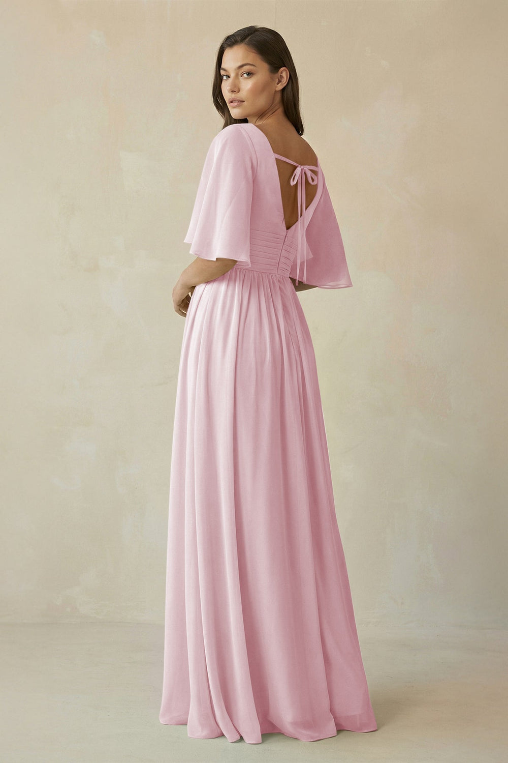 Half Sleeve V - Neck A - Line Chiffon Bridesmaid Gown in Candy Pink - SHE IS ME Bridesmaid Dresses