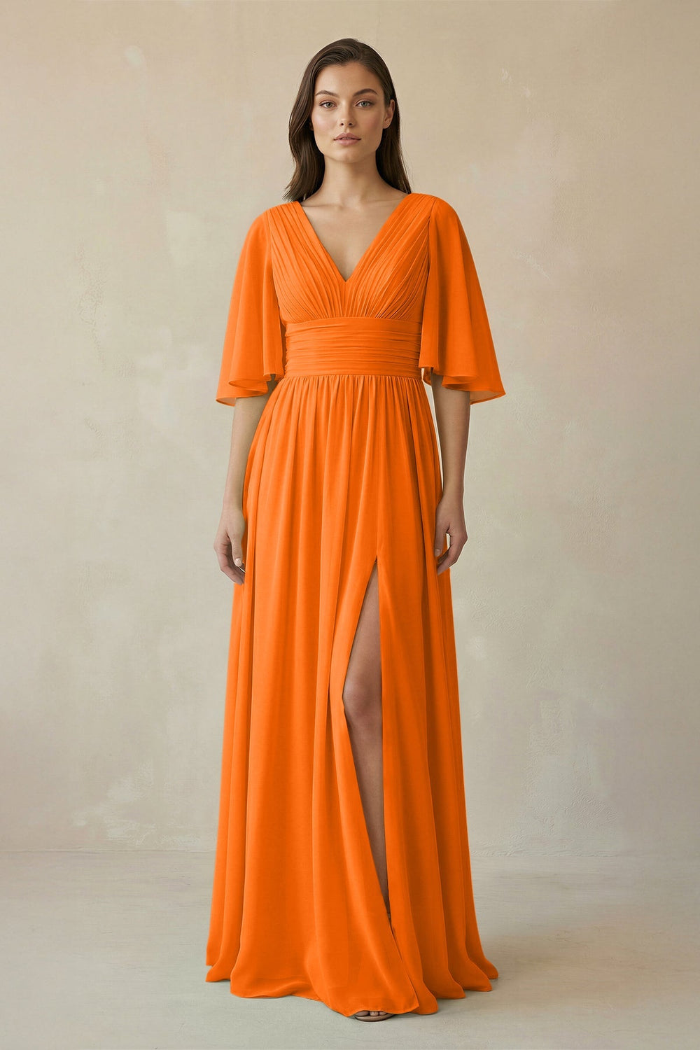 Half Sleeve V - Neck A - Line Chiffon Bridesmaid Gown in Cinnamon - SHE IS ME Bridesmaid Dresses