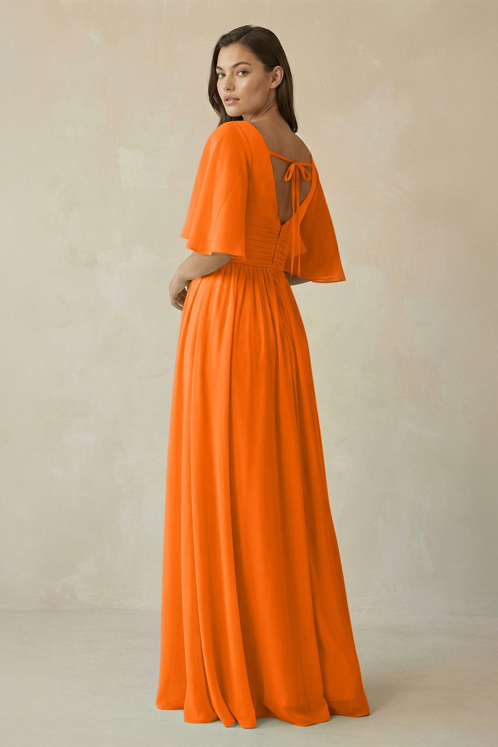 Half Sleeve V - Neck A - Line Chiffon Bridesmaid Gown in Cinnamon - SHE IS ME Bridesmaid Dresses
