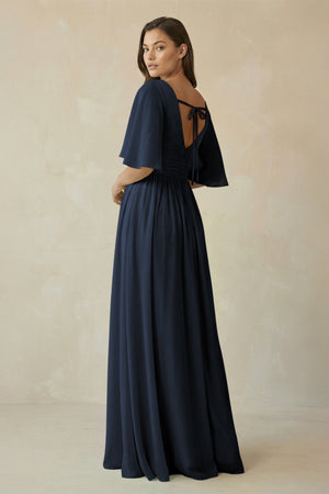 Half Sleeve V - Neck A - Line Chiffon Bridesmaid Gown in Dark Navy - SHE IS ME Bridesmaid Dresses