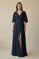 Half Sleeve V - Neck A - Line Chiffon Bridesmaid Gown in Dark Navy - SHE IS ME Bridesmaid Dresses