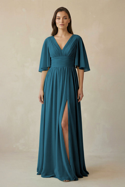 Half Sleeve V - Neck A - Line Chiffon Bridesmaid Gown in Dark Teal - SHE IS ME Bridesmaid Dresses