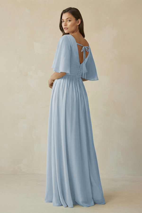 Half Sleeve V - Neck A - Line Chiffon Bridesmaid Gown in Dusty Blue - SHE IS ME Bridesmaid Dresses