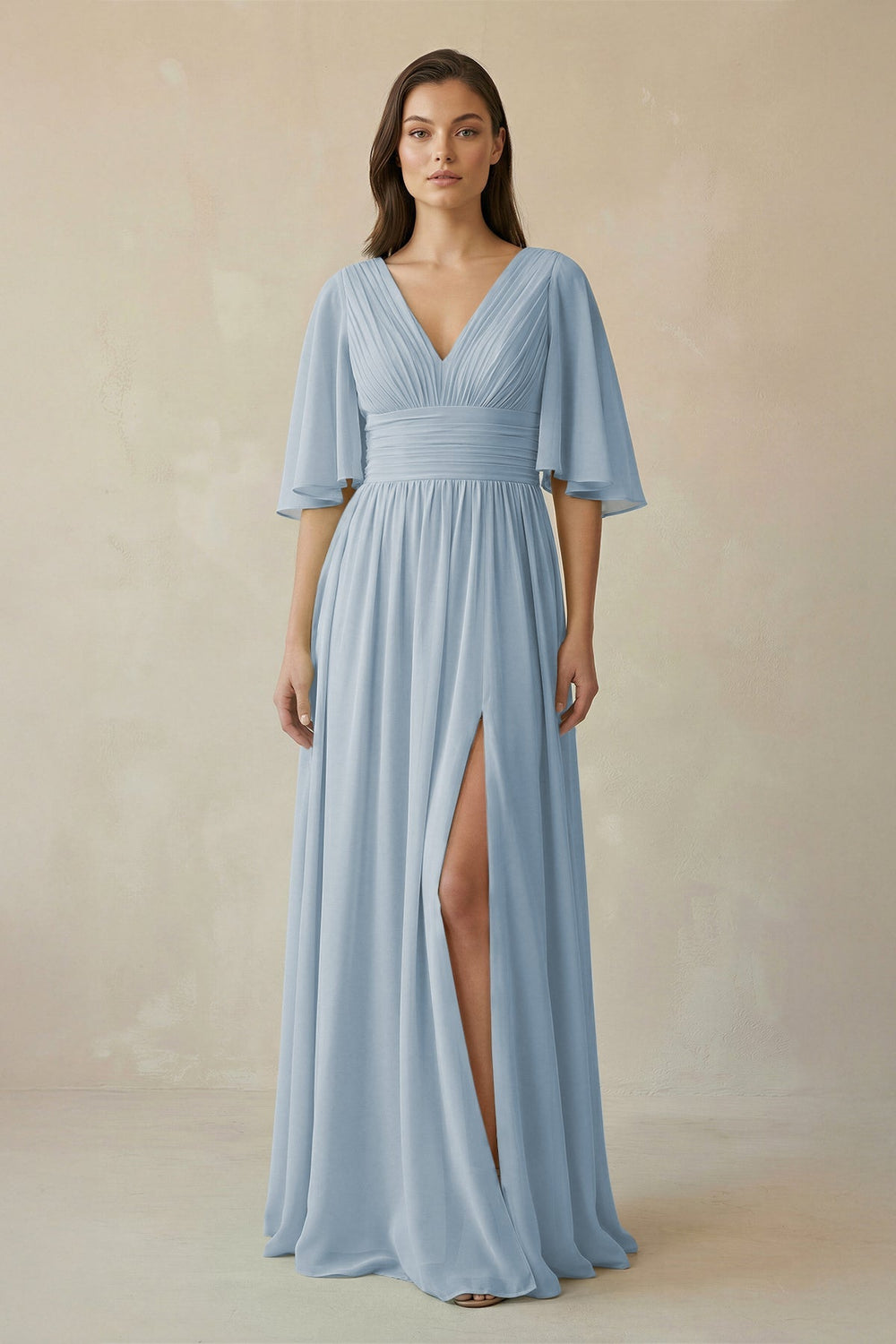 Half Sleeve V - Neck A - Line Chiffon Bridesmaid Gown in Dusty Blue - SHE IS ME Bridesmaid Dresses