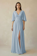 Half Sleeve V - Neck A - Line Chiffon Bridesmaid Gown in Dusty Blue - SHE IS ME Bridesmaid Dresses