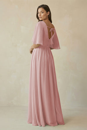 Half Sleeve V - Neck A - Line Chiffon Bridesmaid Gown in Dusty Rose - SHE IS ME Bridesmaid Dresses