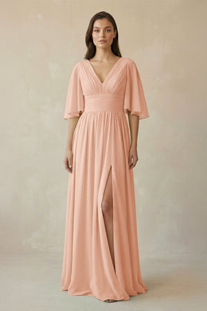 Half Sleeve V - Neck A - Line Chiffon Bridesmaid Gown in English Rose - SHE IS ME Bridesmaid Dresses