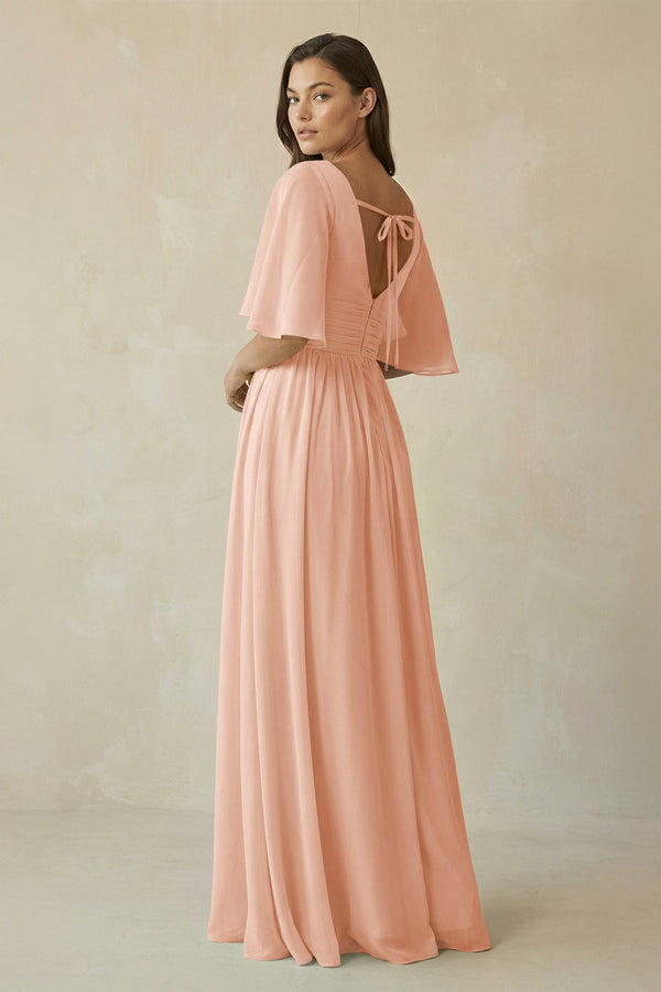 Half Sleeve V - Neck A - Line Chiffon Bridesmaid Gown in English Rose - SHE IS ME Bridesmaid Dresses