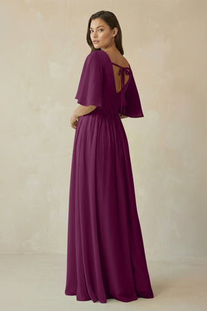 Half Sleeve V - Neck A - Line Chiffon Bridesmaid Gown in Fig - SHE IS ME Bridesmaid Dresses