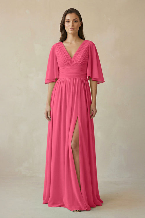 Half Sleeve V - Neck A - Line Chiffon Bridesmaid Gown in Fuchsia - SHE IS ME Bridesmaid Dresses