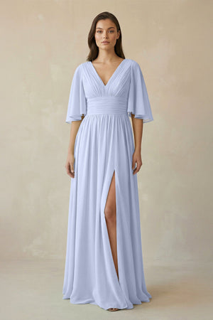 Half Sleeve V - Neck A - Line Chiffon Bridesmaid Gown in Ice - SHE IS ME Bridesmaid Dresses
