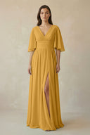 Half Sleeve V - Neck A - Line Chiffon Bridesmaid Gown in Marigold - SHE IS ME Bridesmaid Dresses