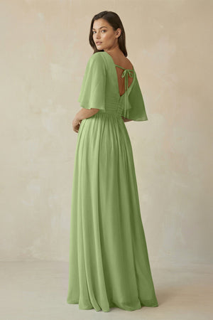 Half Sleeve V - Neck A - Line Chiffon Bridesmaid Gown in Matcha - SHE IS ME Bridesmaid Dresses