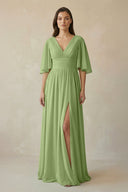 Half Sleeve V - Neck A - Line Chiffon Bridesmaid Gown in Matcha - SHE IS ME Bridesmaid Dresses