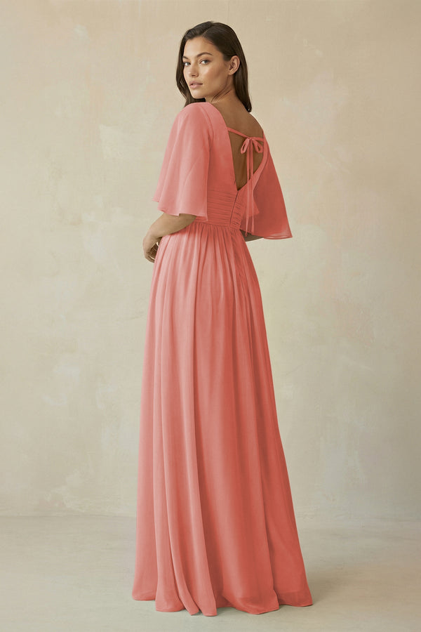 Half Sleeve V - Neck A - Line Chiffon Bridesmaid Gown in Mulberry - SHE IS ME Bridesmaid Dresses