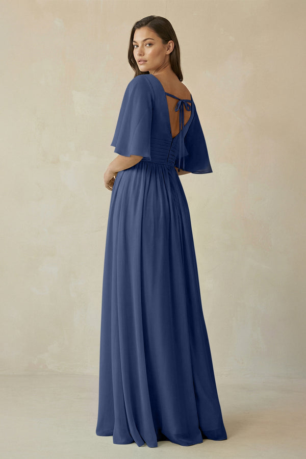 Half Sleeve V - Neck A - Line Chiffon Bridesmaid Gown in Navy - SHE IS ME Bridesmaid Dresses