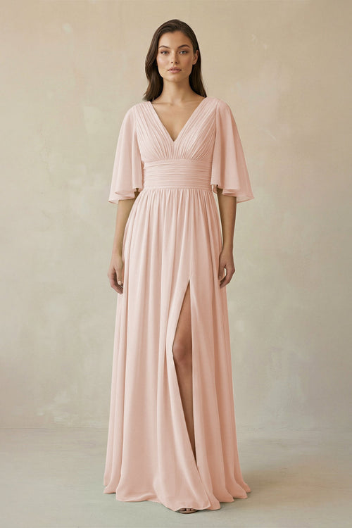 Half Sleeve V - Neck A - Line Chiffon Bridesmaid Gown in Pale Blush - SHE IS ME Bridesmaid Dresses