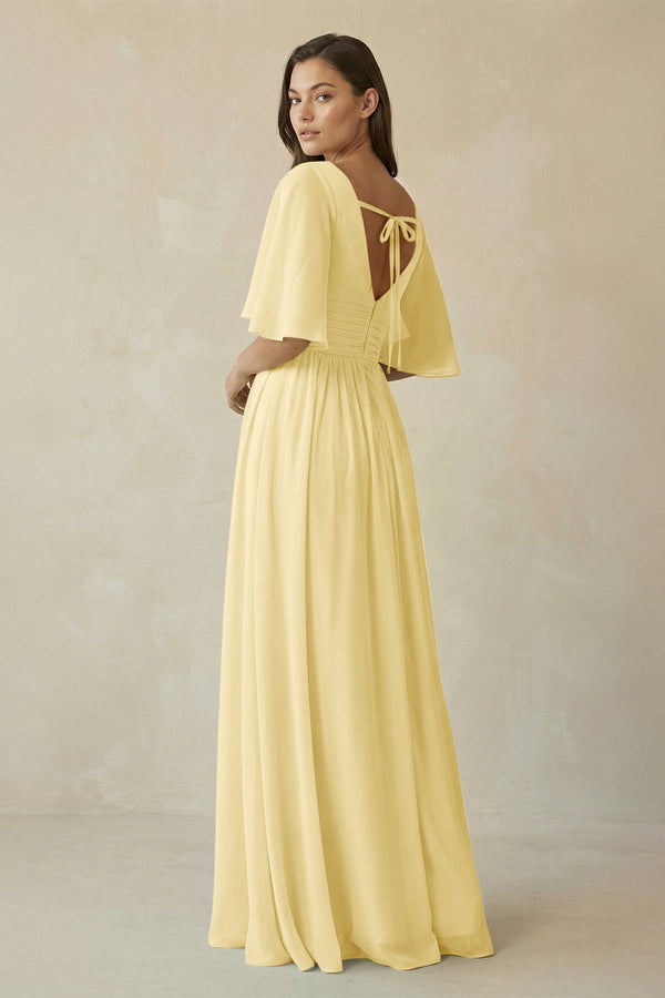 Half Sleeve V - Neck A - Line Chiffon Bridesmaid Gown in Pastel Yellow - SHE IS ME Bridesmaid Dresses