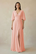 Half Sleeve V - Neck A - Line Chiffon Bridesmaid Gown in Rose Petal - SHE IS ME Bridesmaid Dresses
