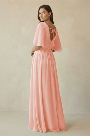 Half Sleeve V - Neck A - Line Chiffon Bridesmaid Gown in Rose Petal - SHE IS ME Bridesmaid Dresses