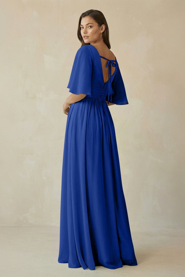 Half Sleeve V - Neck A - Line Chiffon Bridesmaid Gown in Royal Blue - SHE IS ME Bridesmaid Dresses