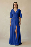 Half Sleeve V - Neck A - Line Chiffon Bridesmaid Gown in Royal Blue - SHE IS ME Bridesmaid Dresses