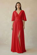 Half Sleeve V - Neck A - Line Chiffon Bridesmaid Gown in Ruby Red - SHE IS ME Bridesmaid Dresses