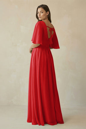 Half Sleeve V - Neck A - Line Chiffon Bridesmaid Gown in Ruby Red - SHE IS ME Bridesmaid Dresses