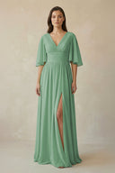 Half Sleeve V - Neck A - Line Chiffon Bridesmaid Gown in Sea Glass - SHE IS ME Bridesmaid Dresses