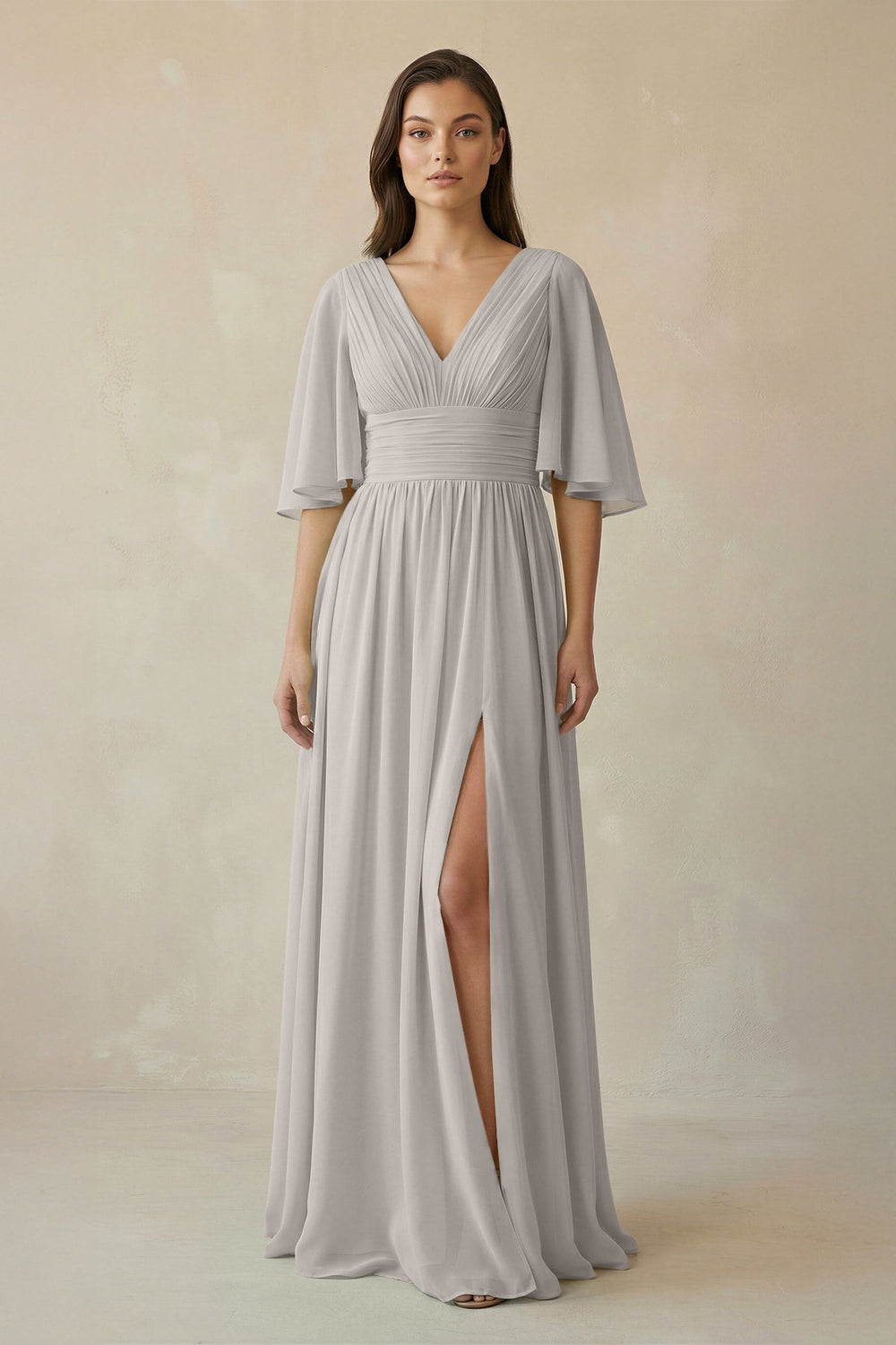 Half Sleeve V - Neck A - Line Chiffon Bridesmaid Gown in Silver - SHE IS ME Bridesmaid Dresses