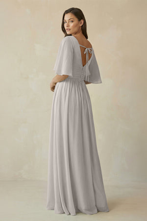Half Sleeve V - Neck A - Line Chiffon Bridesmaid Gown in Silver - SHE IS ME Bridesmaid Dresses
