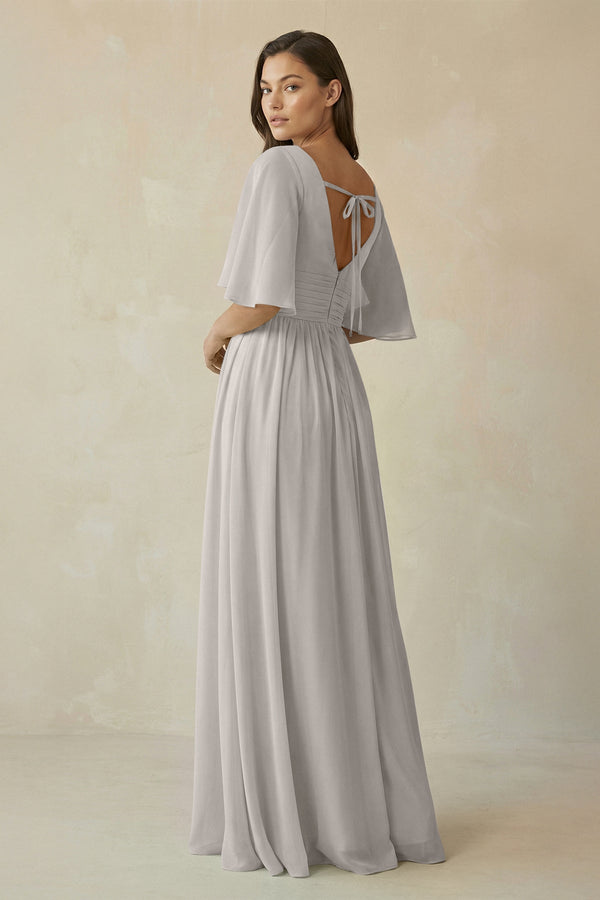Half Sleeve V - Neck A - Line Chiffon Bridesmaid Gown in Silver - SHE IS ME Bridesmaid Dresses