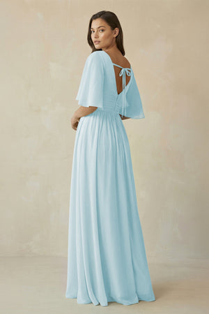 Half Sleeve V - Neck A - Line Chiffon Bridesmaid Gown in Sky Blue - SHE IS ME Bridesmaid Dresses