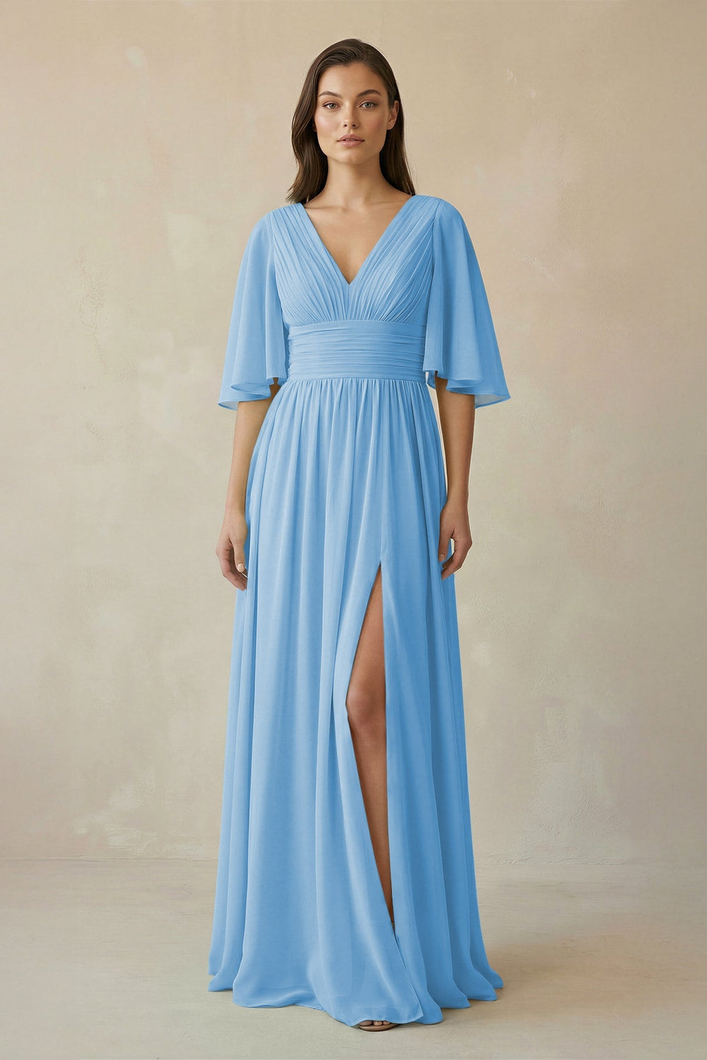 Half Sleeve V - Neck A - Line Chiffon Bridesmaid Gown in Steel Blue - SHE IS ME Bridesmaid Dresses