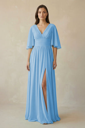 Half Sleeve V - Neck A - Line Chiffon Bridesmaid Gown in Steel Blue - SHE IS ME Bridesmaid Dresses