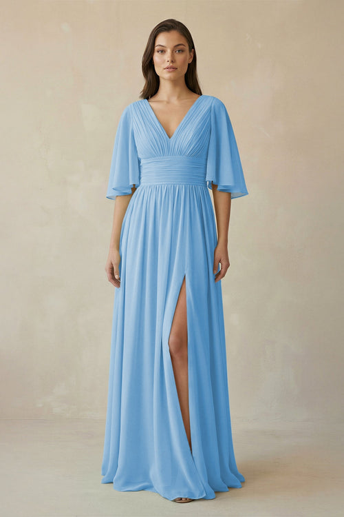 Half Sleeve V - Neck A - Line Chiffon Bridesmaid Gown in Steel Blue - SHE IS ME Bridesmaid Dresses