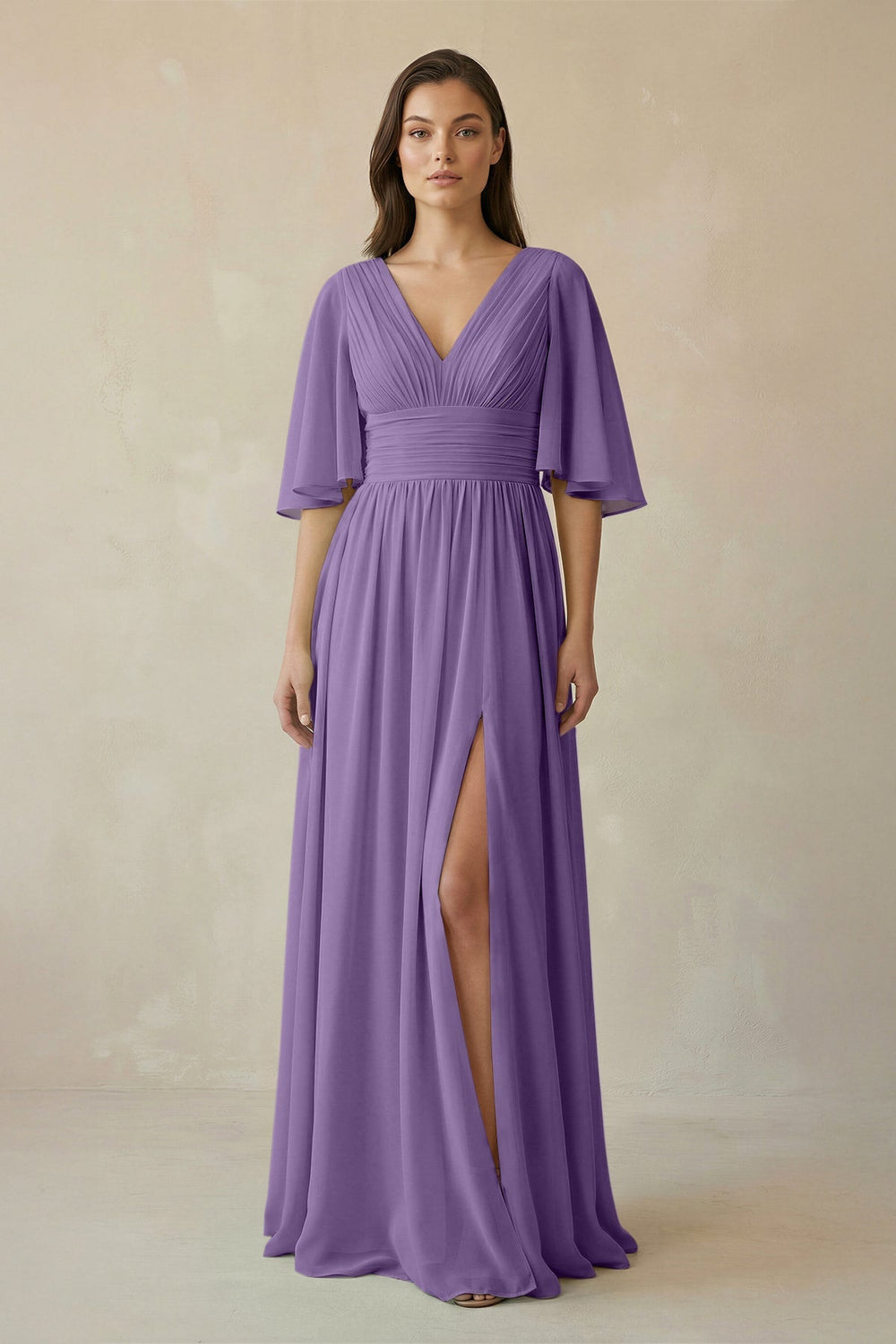 Half Sleeve V - Neck A - Line Chiffon Bridesmaid Gown in Tahiti - SHE IS ME Bridesmaid Dresses